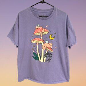 Purple Mushroom & Cat Graphic Tee – Size XL
